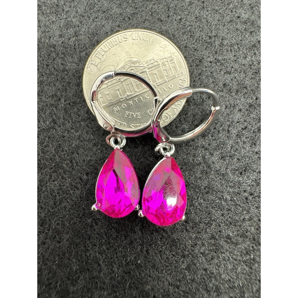 Fuchsia Pink Crystal Teardrop Dangle Earrings Silver Tone Leverback New